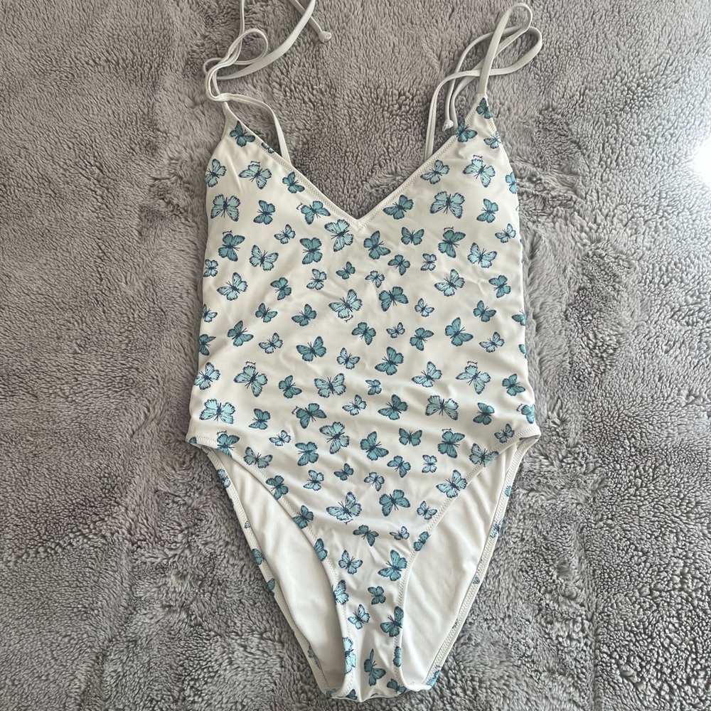 PINK Victoria's Secret White and Blue Butterfly One Piece Swimsuit